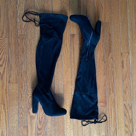 High heel Knee high solid black soft suede boots tie up autumn party block heels - Picture 5 of 13